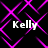 Four instances of the name 'Kelly' in white text appear over a black background with a repeating pink geometric pattern.