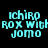 Four identical pixelated cyan text blocks reading 'Ichiro ROX with JOMO' arranged in a on black background, each block partially overlaid by white rectangular shapes