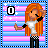 Pixel art character with long orange hair, white crop top, black pants, and black wristbands against a pink and blue striped background with white stars.