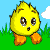 Animated contact sheet of a yellow cartoon bird character with orange feet performing various poses on green grass against a blue sky background.