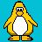 Pixelated penguin icons in multiple colors arranged on a blue background, each with white belly and orange beak/feet.
