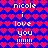 Pixelated text 'nicole i love you !!!!!!!' on a blue background with red and purple heart patterns, displayed in two identical vertical sections.