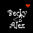 Pixelated text 'Becky' and 'Alex' with a heart symbol above and a starburst symbol in the top-right corner, all on a black background.