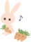 Pixelated bunny holding green-topped carrots with purple musical notes floating nearby on gray background.