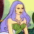 A pixelated cartoon-style image of a woman with long purple hair wearing a green top, positioned next to bright green text on a dark background.