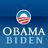 Circular emblem with blue top, white middle, red bottom over blue background; 'OBAMA BIDEN' text below in white and light blue.
