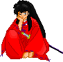 Pixelated character in red traditional clothing with blue accents, long black hair, and a sword hilt visible at the waist.
