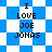 Pixelated text "I LOVE JOE JONAS" on blue-and-white checkered backgrounds with varying patterns.