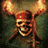 Animated sequence showing a skull with crossed swords, transitioning from full visibility to partial blur while text remains static.