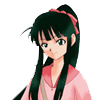 Two side-by-side pixel art depictions of a character with long dark green hair tied with red ribbons, wearing a pink top, one with a red heart above the head.