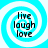 Four identical circular icons with blue and white spiral patterns, each containing the text "live laugh love" in black font.