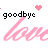 Repeated pink 'love' text with black 'goodbye' and small pink hearts on white background, animated by changing heart shapes.