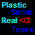Pixelated text and emoticon display with two side-by-side variations showing color differences in 'Plastic Smile Real <3 Tears' text.