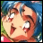 Pixelated anime-style character with blue hair and wide eyes, next to stylized text on a black background.