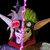 Pixelated character with green hair and silver helmet, wearing red garment against black background.