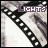 film strip icons with changing text labels, transitioning from 'LIGHTS' to 'CAMERA' and then 'ACTION!'
