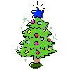 Four pixelated Christmas trees with green foliage, brown trunks, and green bases, each topped with a star that changes color across frames.