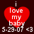 Red heart-shaped icon with white text "i love my baby" centered inside, below which is date "5-29-07" and symbol "<3", all on dark brown background.