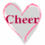 Two side-by-side animated frames of a heart-shaped icon with the word "Cheer" inside, displayed on white and pink backgrounds respectively.