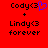 Red background with black pixelated text reading "Cody<3" and "Lindy<3" plus "forever" with a blue heart symbol replacing the third character in Cody's name.