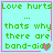 Pixelated green text on cyan background with pink border, showing 'Love hurts... thats why there are band-aids' and a small heart symbol.
