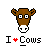 Pixel art icon of a brown cow head with white muzzle and large eyes above text reading "I ❤️ Cows" on gray background.