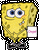 Pixelated yellow cartoon character with blue eyes holding a white sign with pink text, displayed in two side-by-side frames showing slight pose differences.