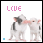 Two pixelated piglets nuzzle under 'LOVE' text; left frame has pink text and blue plus, right frame has blue text and pink plus.