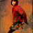 Pixelated figure in red top and dark pants against warm orange-brown background with blurred circular light element above head.