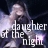 Pixelated image of a person with long hair against dark background, overlaid with white text reading 'daughter at the night' in stylized font.