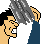 Pixelated cartoon icon showing two characters in profile view with one character's head emitting a large gray smoke cloud, rendered in low-resolution 8-bit style on white background.