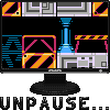 Pixel art depicting a retro video game scene with colorful geometric shapes and a blue tower, displayed on a monitor showing "UNPAUSE..." text.