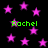 Black background with scattered pink stars and green text reading 'Rachel' in multiple positions.