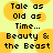 Pixelated text on a yellow background with orange circular shapes, displaying 'Tale as Old as Time... Beauty & the Beast' in black block letters.
