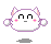 Pixelated white cat-like character with pink cheeks and purple outline, two expressions shown side-by-side on gray background.