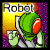 Animated contact sheet of a green robot buddy icon with red eyes, yellow and purple background, showing frame-by-frame motion across 11 sampled frames.
