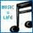 A static icon featuring a large black musical note on the right and pixelated text reading "MUSIC IS LIFE" in blue-green tones on the left against a light background.