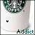 Animated sequence of a white coffee cup with green 'Starbucks Coffee' logo, displaying changing black arrow positions and text reading 'Addict' in blue-green font.
