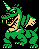 Green pixelated dragon with yellow underbelly and horn, open mouth showing teeth, standing on black background.