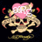 Pixelated skull with crossed bones, pink heart, red horns, and text above the heart, set against a black background.