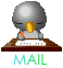 Pixelated cartoon bird mascot with closed eyes and yellow beak typing on keyboard, displayed in two animation frames side-by-side with green "MAIL" text below.