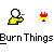 Pixelated character with white head and yellow body holding a red-and-white object, alternating with flame-like symbol on gray background.