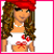 A 50x50 pixel animated contact sheet showing three frames of a cartoon-style female character with long brown hair wearing a red cap, white top with red bow, and pearl necklace in the first frame; scattered red letters on white background in second frame; scattered red letters on white background in third frame.