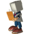 Pixelated character with computer monitor head holding orange clipboard, wearing gray jacket and blue pants, standing on brown shoes.
