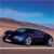 A dark blue sports car with teal accents drives on a road under a gradient sky transitioning from blue to orange.