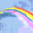 Animated contact sheet of a yellow stick figure riding a rainbow across a blue sky with clouds, displayed in 4x4 grid layout showing sequential frames of motion.