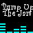 Pixelated text and cyan audio bars on black background, with repeated 'Damp Up The Jar' text in two above and below the bars