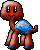 Pixelated red creature with blue shell-like back, four legs, and blue-tipped feet in three distinct poses showing facial expression changes.