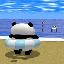 Four distinct pixelated panda scenes: one on a beach with a float, another riding a snail, two pandas back-to-back on wood, and one lying on a striped ball.
