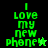 Green pixelated text "I love my new phone" with star and exclamation mark variations on black, green gradient, and solid green backgrounds.